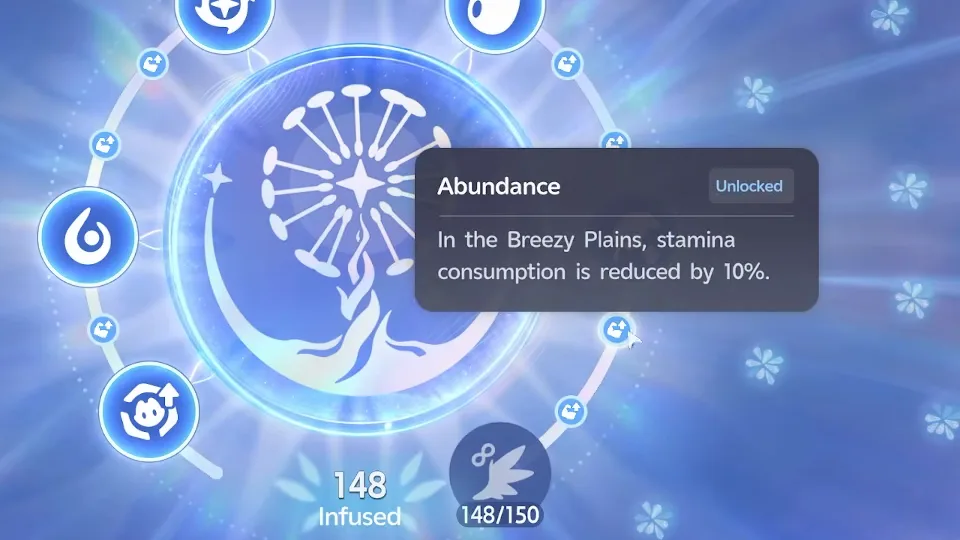 Aniimo Branch card for Abundance, unlocked, reading In the Breezy Plains, stamina consumption is reduced by 10%, with 148 Infused on the ring