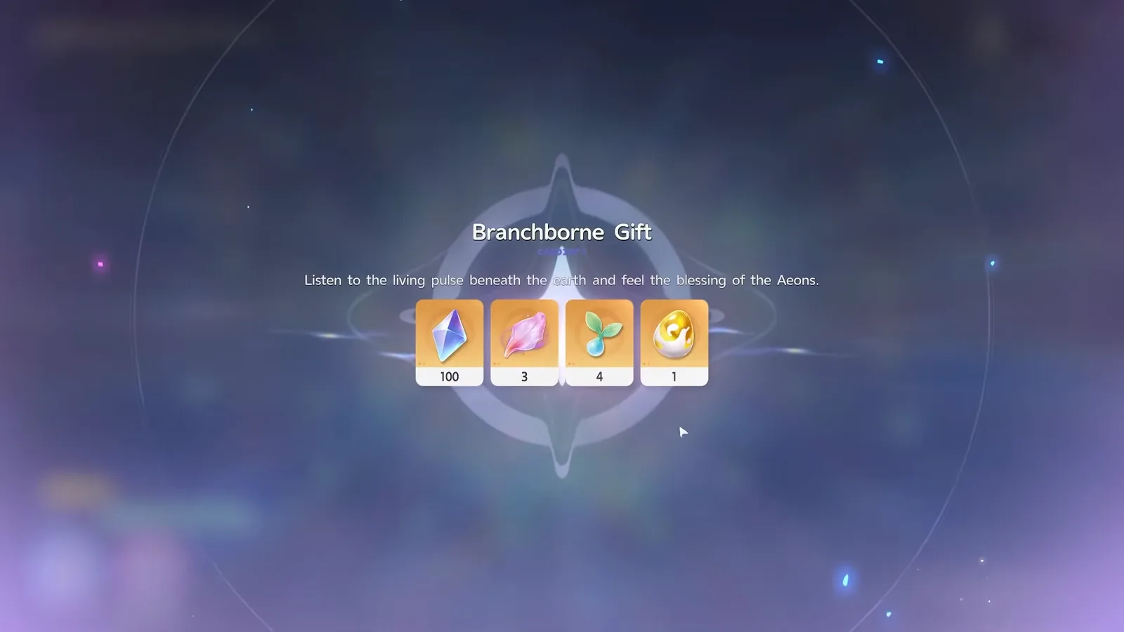Aniimo Branchborne Gift reward pop-up after Wanderer’s Might: 100 Glimmer, 3 Irisalis Petals, 4 Capaseeds and one golden Perfect Egg