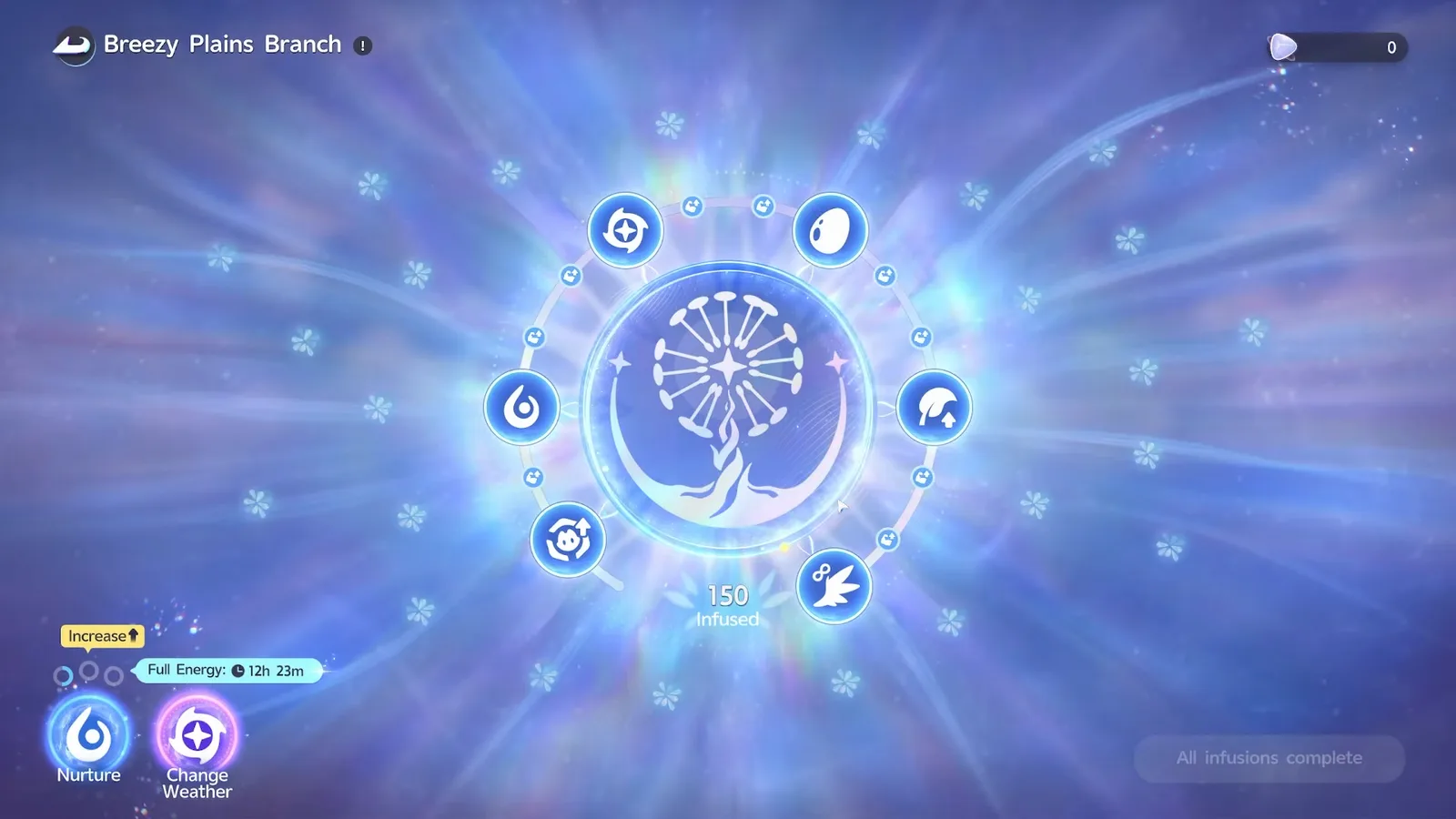 Aniimo Breezy Plains Branch fully infused at 150, every node lit, the infinity feather node at the bottom and All infusions complete greyed out