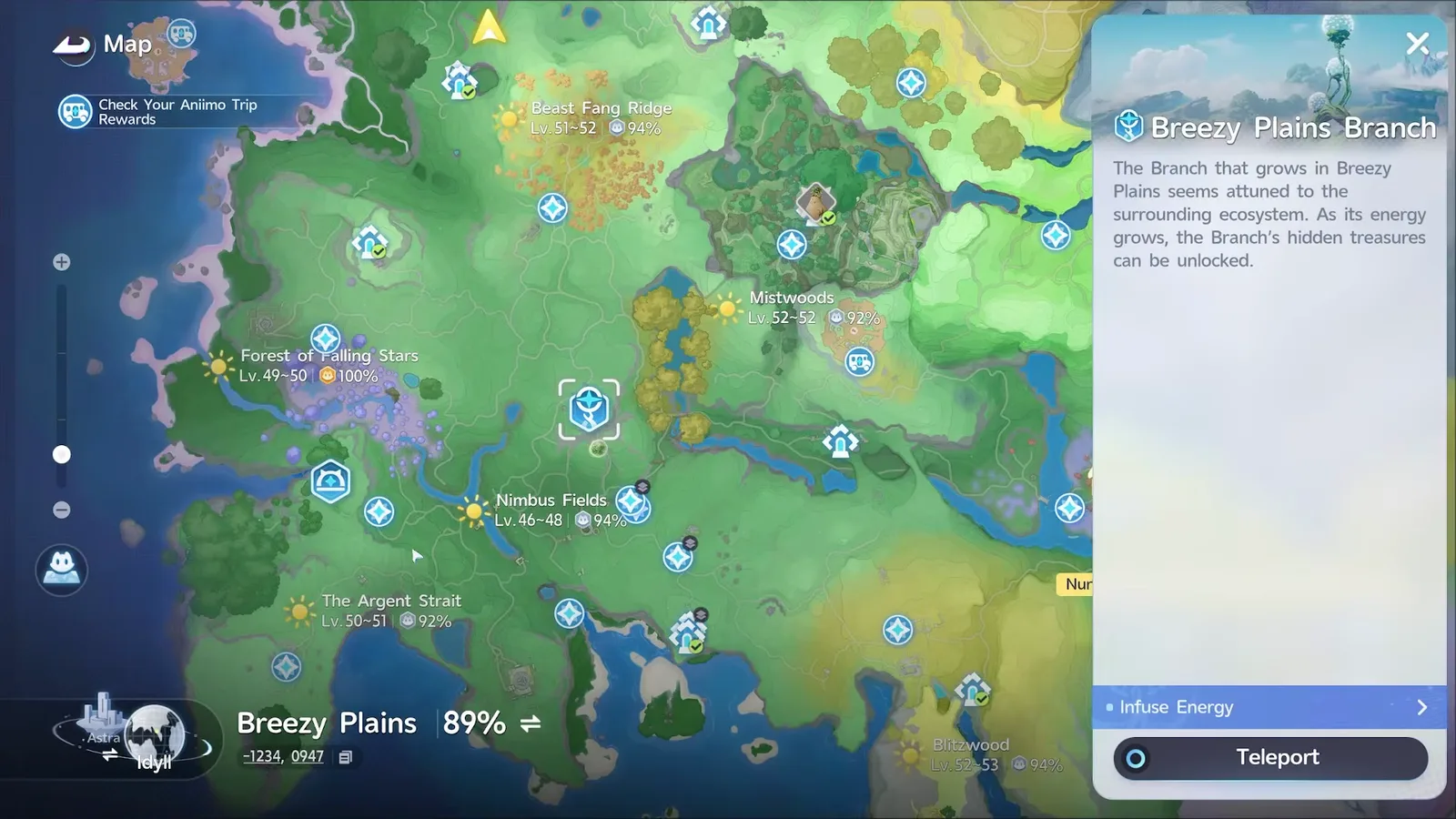 Aniimo world map with the Breezy Plains Branch panel open near Nimbus Fields, its Infuse Energy and Teleport buttons, and Breezy Plains at 89%