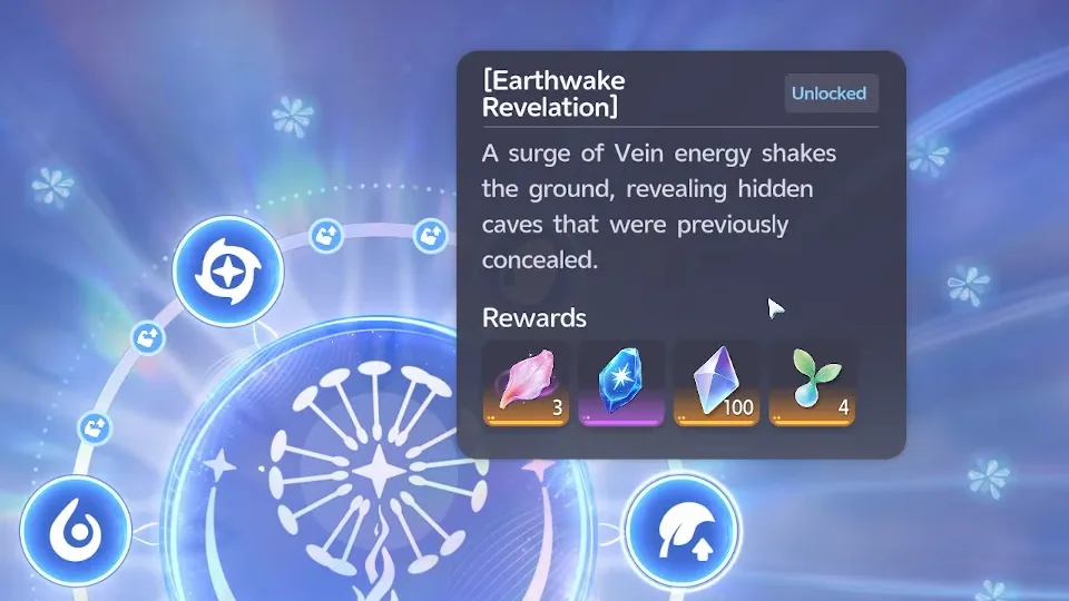 Aniimo Branch card for Earthwake Revelation: a surge of Vein energy shakes the ground, revealing hidden caves that were previously concealed