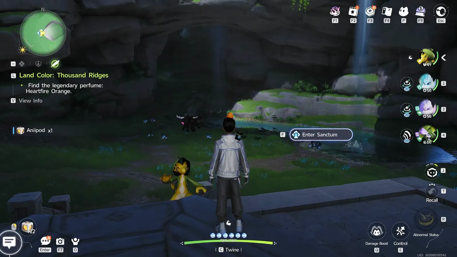 Aniimo player at a Sanctum entrance beside a waterfall in Breezy Plains, the F Enter Sanctum prompt on screen and an active quest on the left