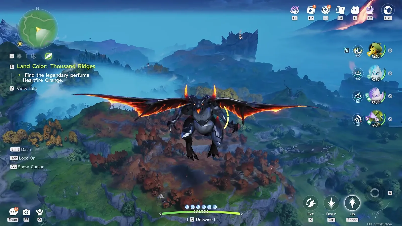 Aniimo black and red dragon flyer sprinting high over Breezy Plains with glowing wings, the yellow stamina arc beside it still full after Wanderer’s Might