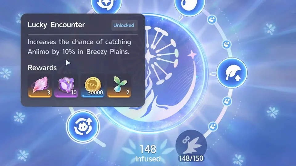 Aniimo Breezy Plains Branch card for Lucky Encounter, unlocked, raising the chance of catching Aniimo by 10% in Breezy Plains, with its four rewards