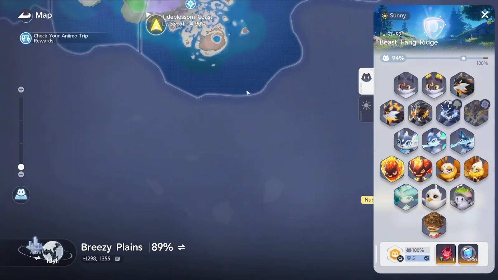 Aniimo world map scrolled south past Tideblossom Coast to blank, unrevealed sea, where AniimoSync says the Breezy Plains stamina bonus stops