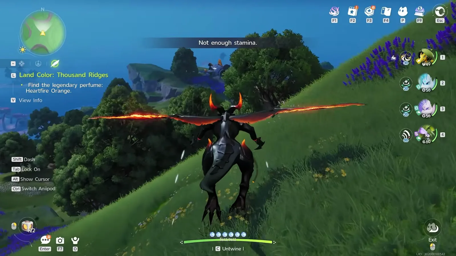 Aniimo dragon flyer coming down on a grassy slope under the Not enough stamina. warning, filmed before Wanderer’s Might was unlocked