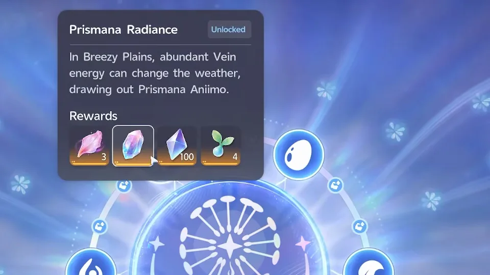 Aniimo Branch card for Prismana Radiance: abundant Vein energy can change the weather in Breezy Plains, drawing out Prismana Aniimo, with a Prismana Crystal reward