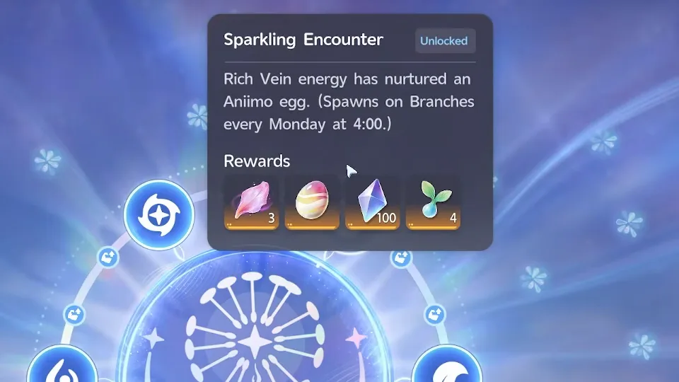 Aniimo Branch card for Sparkling Encounter: Rich Vein energy has nurtured an Aniimo egg, spawning on Branches every Monday at 4:00, with a striped egg reward