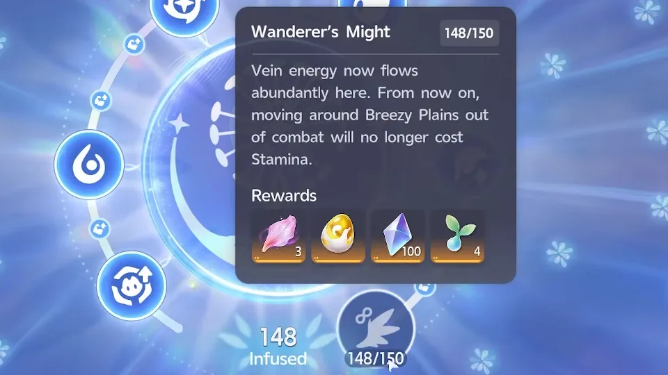 Aniimo Wanderer’s Might milestone card at 148/150 on the Breezy Plains Branch, its no stamina text above a Perfect Egg, Glimmer and Capaseed rewards