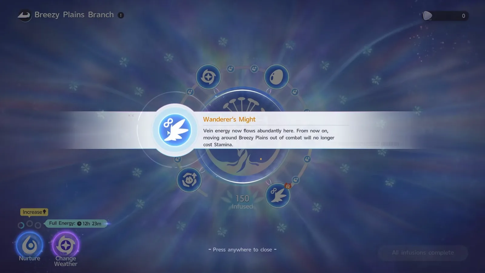 Aniimo Wanderer’s Might unlock banner on the Breezy Plains Branch, a winged feather icon with an infinity sign and the no stamina cost text, 150 Infused behind