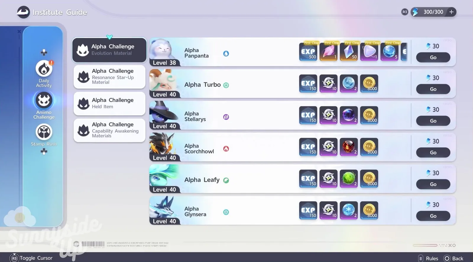 Aniimo Institute Guide, Alpha Challenge tab listing Alpha Panpanta, Alpha Turbo, Alpha Stellarys, Alpha Scorchhowl, Alpha Leafy and Alpha Glynsera with their Level 38 to 40 rewards