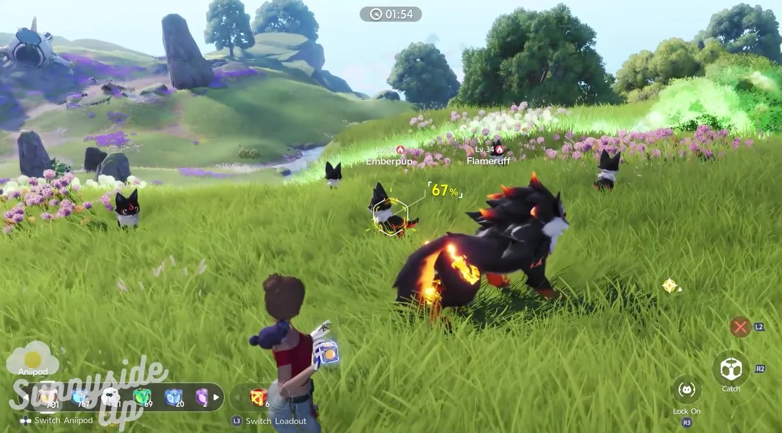 Aniimo Bloom burst in progress with the timer at 01:54, Emberpup and Flameruff spawning in the grass and a 67% catch ring on an Emberpup