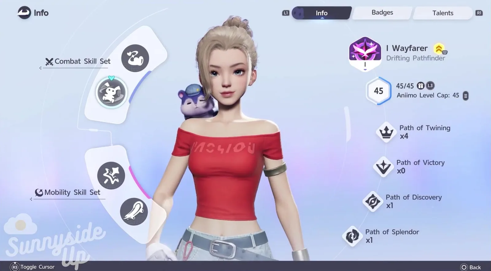 Aniimo character Info screen showing the title Wayfarer I, Drifting Pathfinder, Aniimo Level Cap 45 and the four Path counters beside Sarah’s Pathfinder