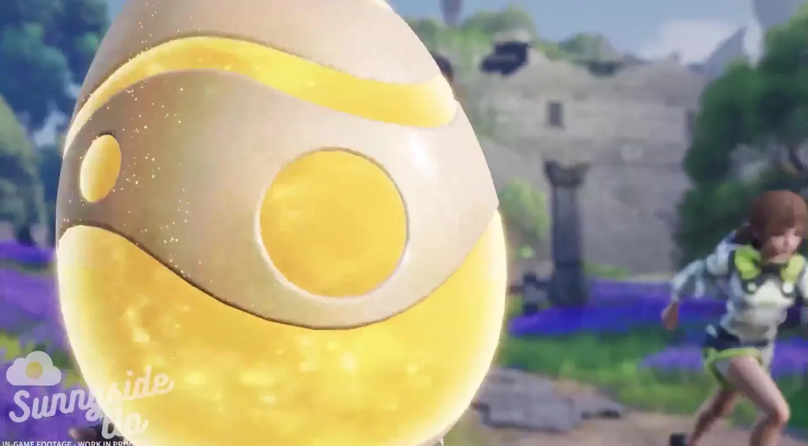 Aniimo Operation Egg Heist work-in-progress footage, a glittering golden egg carried in the foreground while a Pathfinder runs through ruins behind it