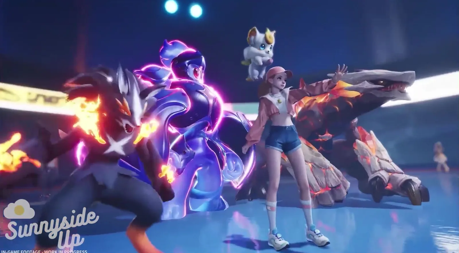 Aniimo Holo-Battle Interlink work-in-progress footage, a Pathfinder standing in a blue simulation arena with glowing fire and electric Aniimo around her