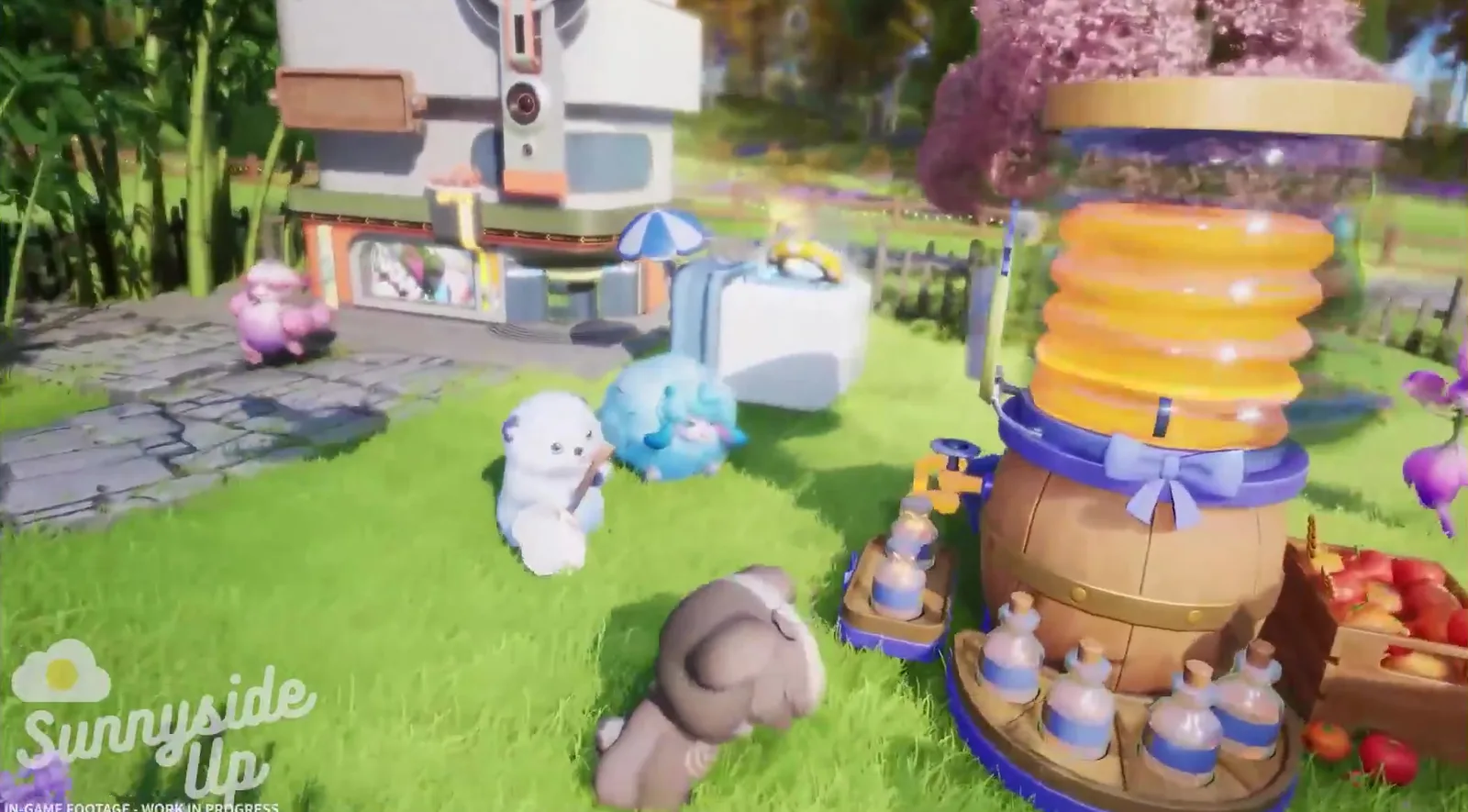 Aniimo home system work-in-progress footage, a garden with a barrel juice press stacked with orange slices and small Aniimo gathered around crates of apples