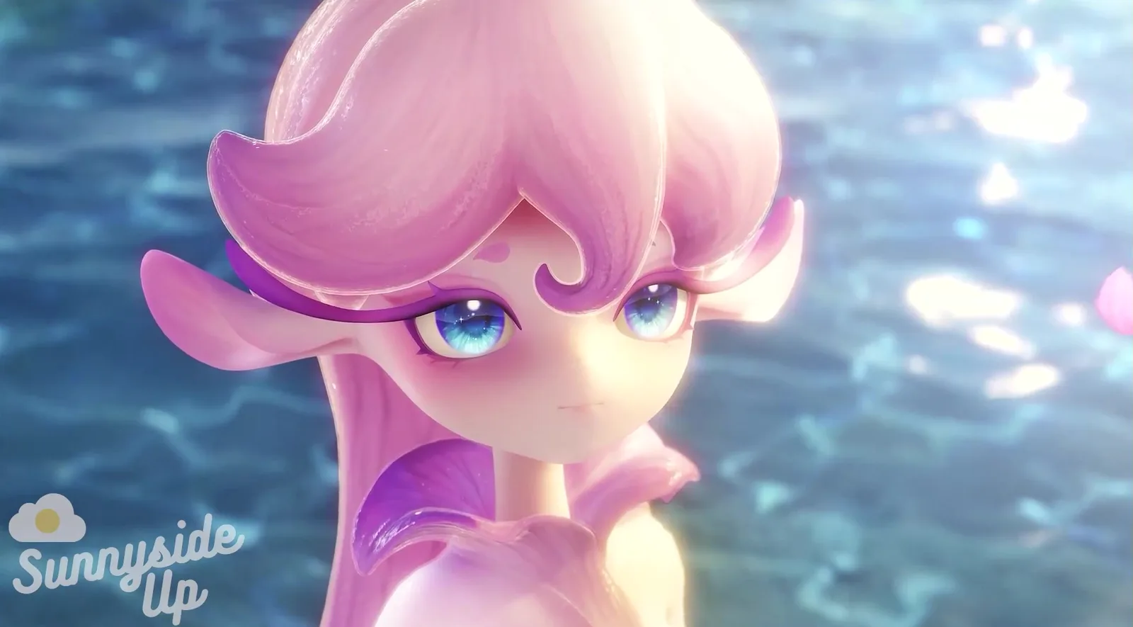 Aniimo Irisalis close-up from the official footage, the pink petal-haired legendary with blue eyes in front of sunlit water