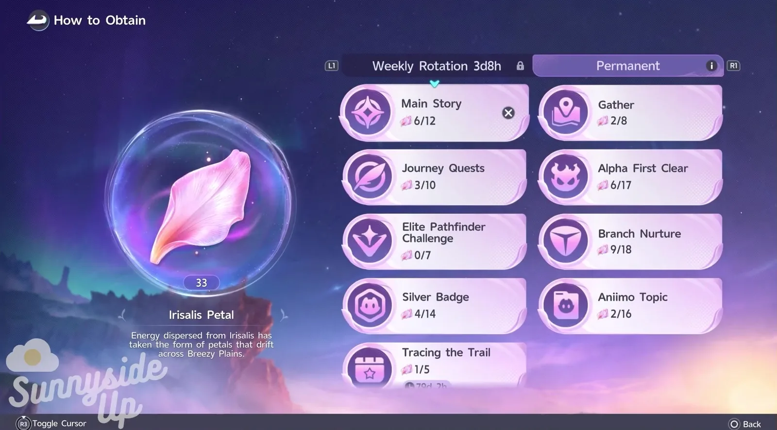 Aniimo How to Obtain panel for the Irisalis Petal, 33 held, Weekly Rotation tab locked at 3d8h and Permanent sources such as Main Story 6/12 and Branch Nurture 9/18