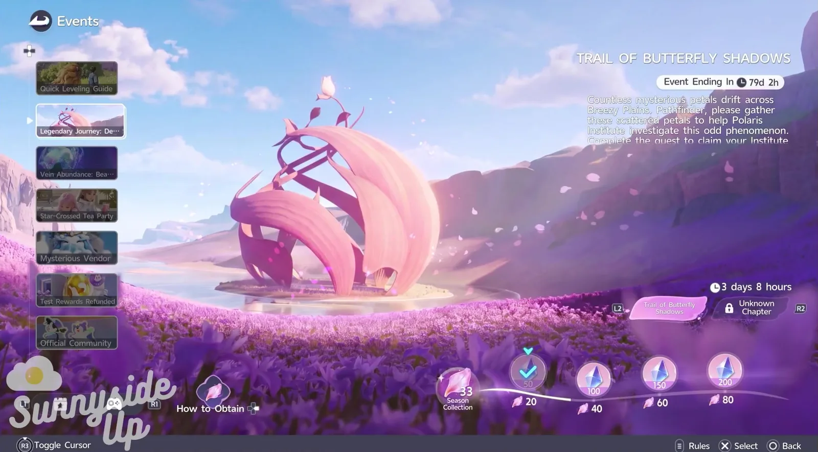 Aniimo Events screen, Legendary Journey tab on Trail of Butterfly Shadows, with 33 Season Collection petals, milestones at 20, 40, 60 and 80 and a locked Unknown Chapter in 3 days 8 hours