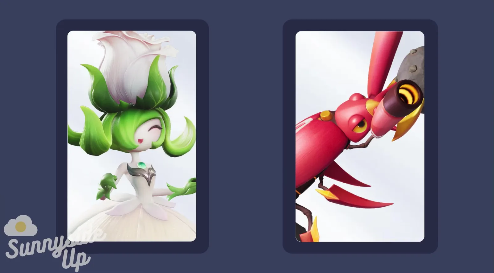 Aniimo Melloblum and Waleetle artwork cards side by side, the white rose flower creature with green leaves and the red armoured beetle