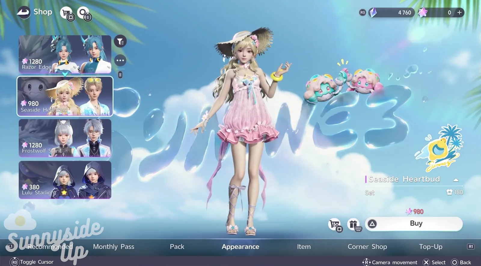 Aniimo Shop Appearance tab on the Seaside Heartbud set at 980, listed with Razor Edge 1280, Frostwolf Spirit 1280 and Lulu Starlight 380