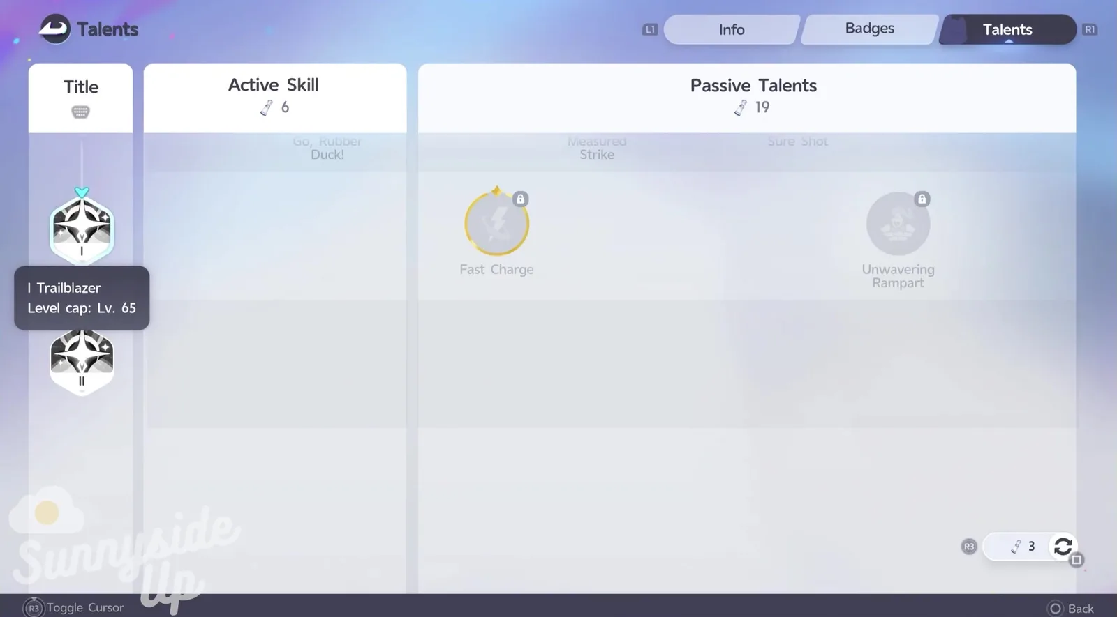 Aniimo Talents screen with the title tooltip Trailblazer I, Level cap Lv. 65, above the Trailblazer II badge, Active Skill 6 and Passive Talents 19