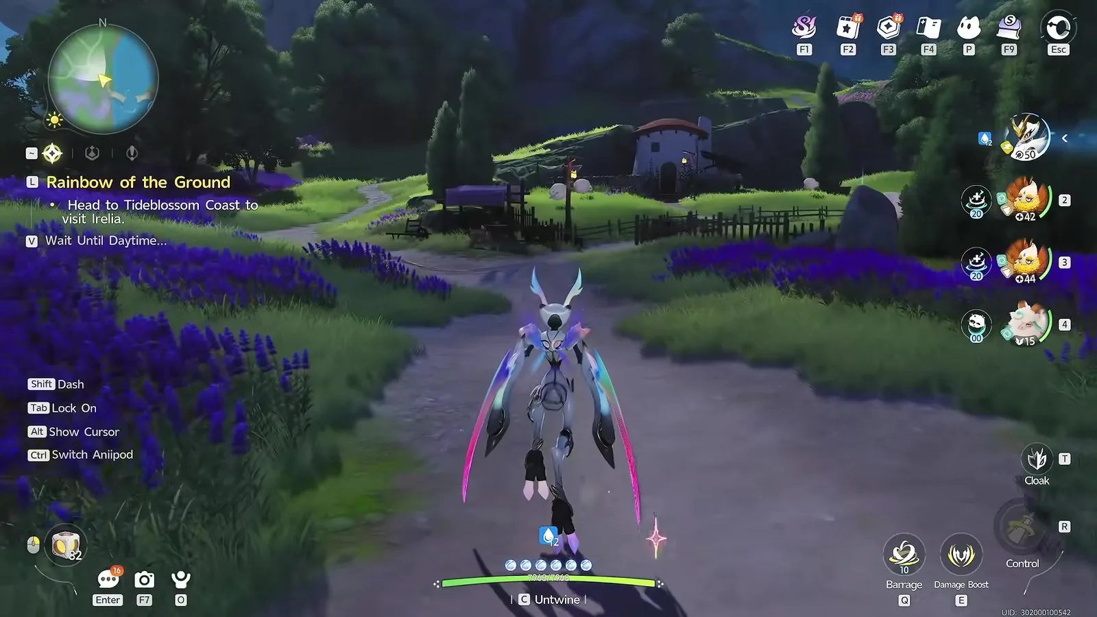 A Prismana Aniimo standing on a lavender path in Bloomville at night in Aniimo, its wings iridescent pink and blue, with the Rainbow of the Ground quest tracker on the left