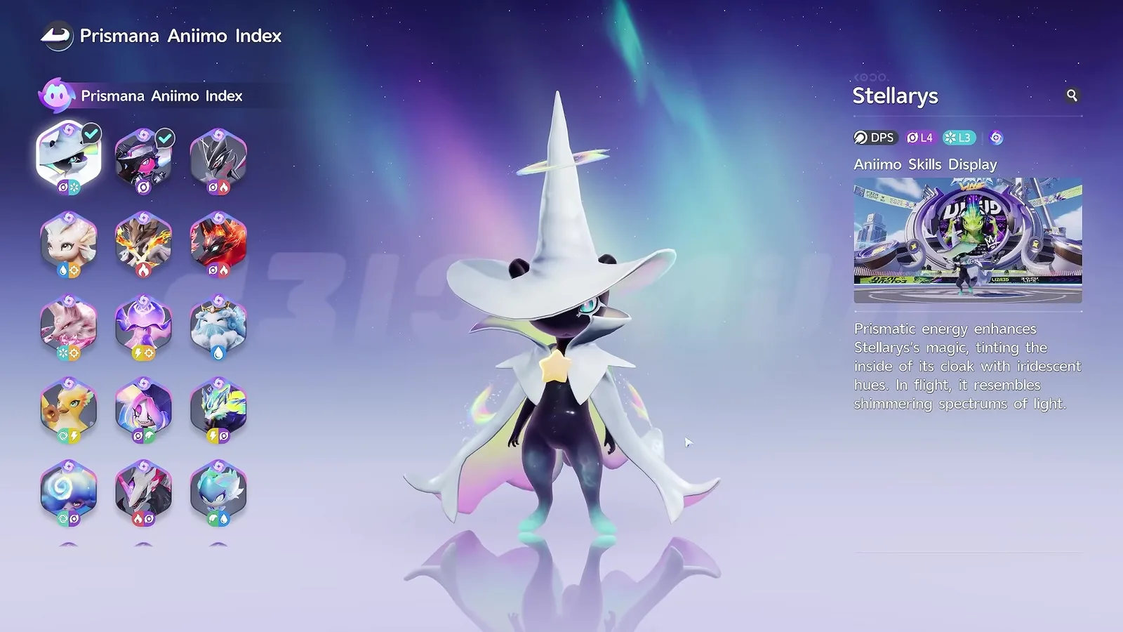 The Aniimo Prismana Aniimo Index, a grid of hexagonal Prismana portraits with the first two ticked, and Stellarys selected on the right tagged DPS with Dark level 4 and Ice level 3