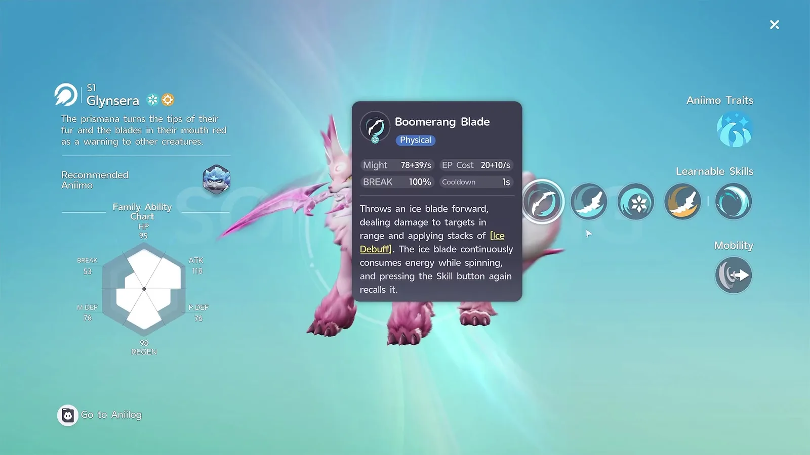 The Aniimo detail sheet for Prismana Glynsera with the Boomerang Blade tooltip open at Might 78 plus 39 per second, EP Cost 20 plus 10 per second and BREAK 100 per cent