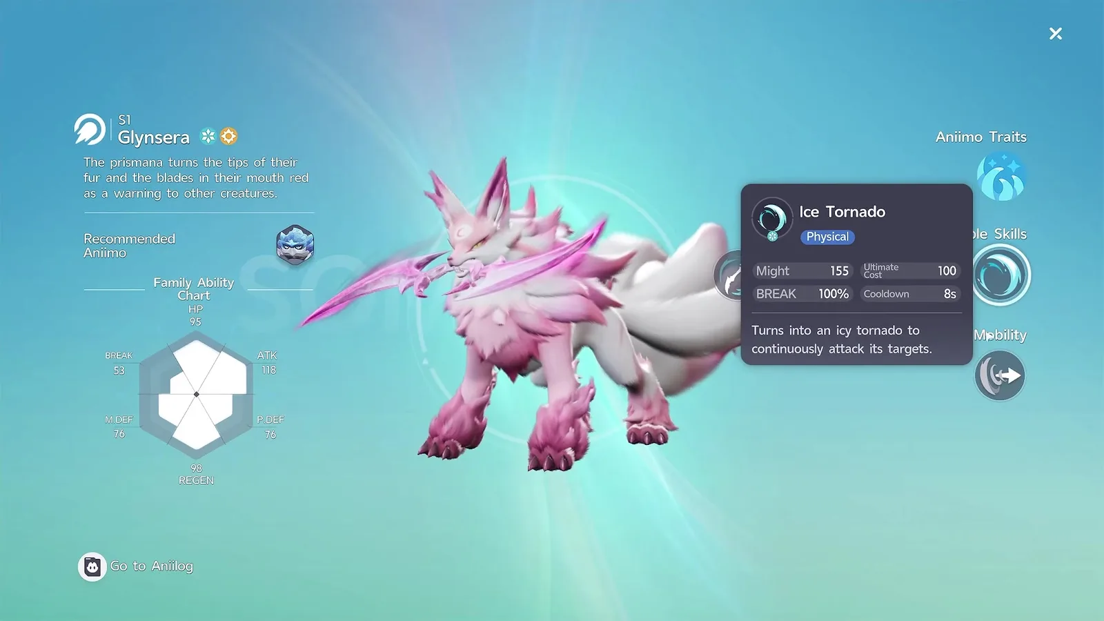 Prismana Glynsera on its Aniimo detail sheet with the Ice Tornado tooltip open at Might 155, Ultimate Cost 100 and Cooldown 8 seconds, beside a hexagon reading HP 95, ATK 118, P.DEF 76 and BREAK 53
