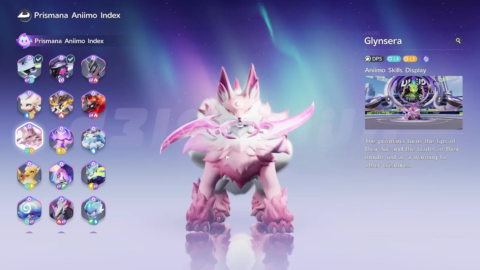 Prismana Glynsera in the Aniimo Prismana Index, a white and pink six-tailed wolf with blade-like tusks, tagged DPS with Ice level 4 and Light level 3 on the right-hand panel
