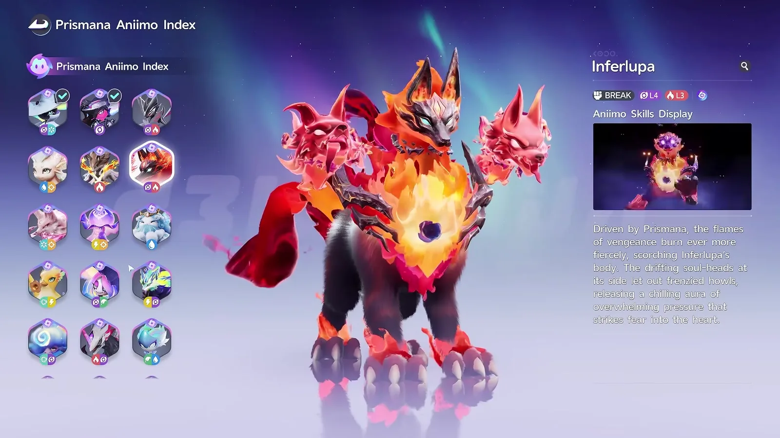 Prismana Inferlupa in the Aniimo Prismana Index, a black wolf wreathed in orange fire with two red soul-heads floating at its shoulders, tagged BREAK with Dark level 4 and Fire level 3