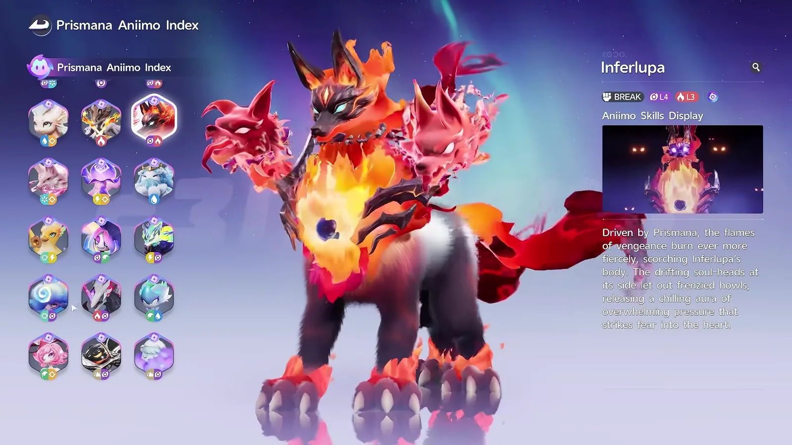 Prismana Inferlupa seen head-on in the Aniimo Prismana Index, a black wolf with a burning orange chest and two red soul-heads, its element chips reading Dark and Fire
