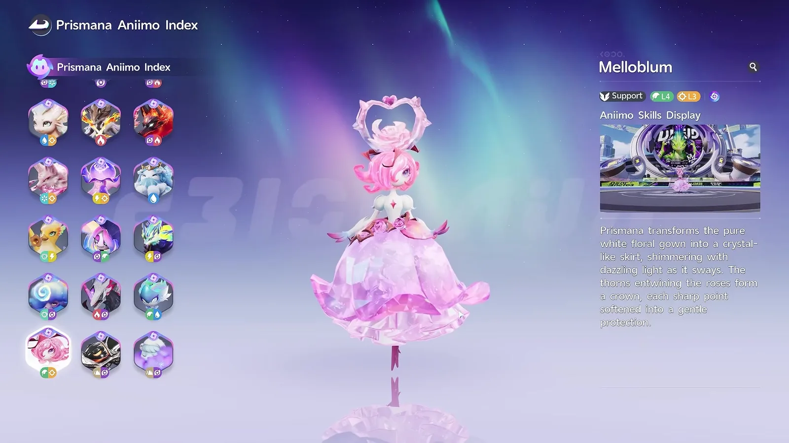 Prismana Melloblum in the Aniimo Prismana Index, a pink-haired figure in a crystal ball gown under a thorn and rose crown, tagged Support with Grass level 4 and Light level 3