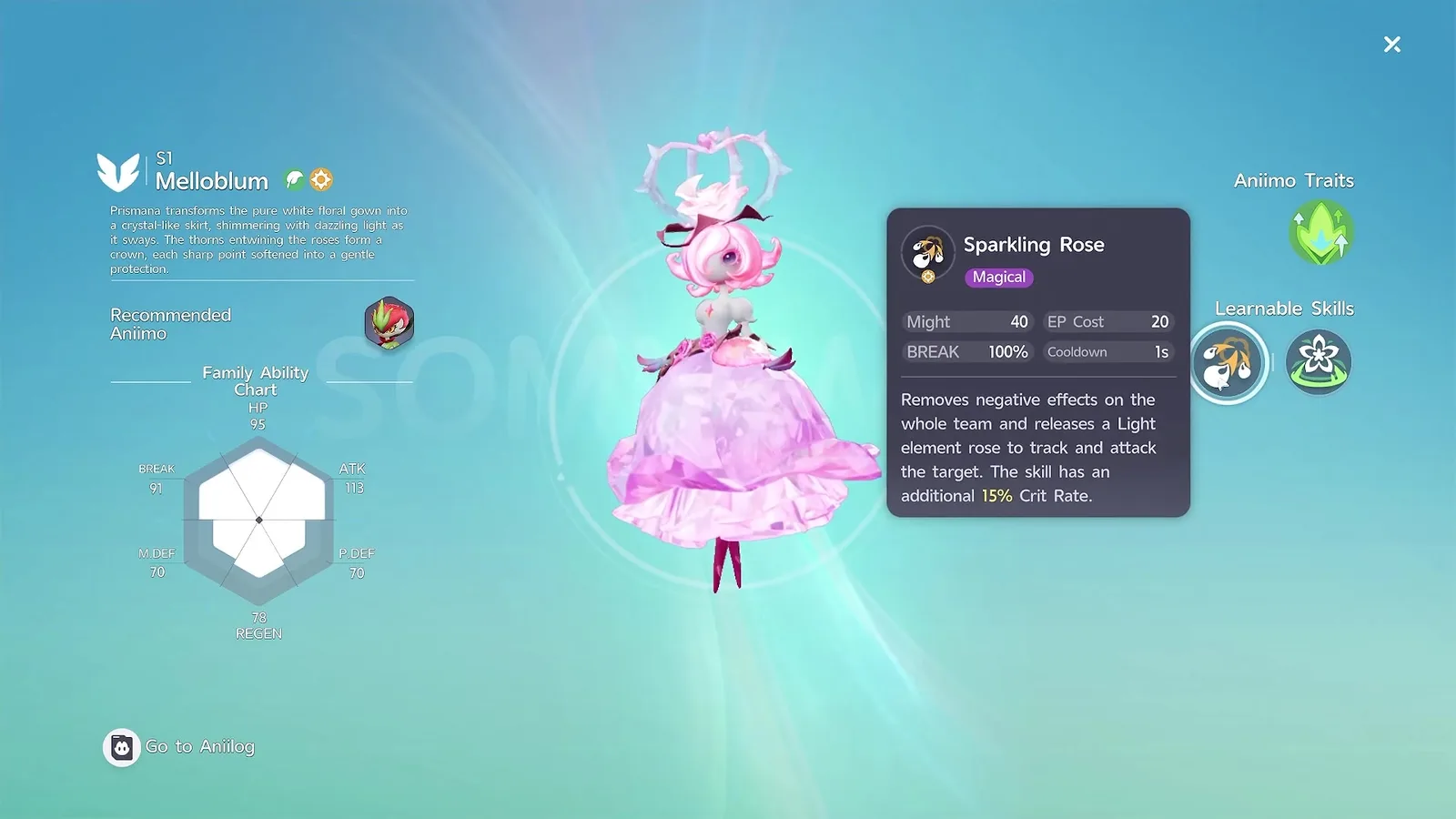 The Aniimo detail sheet for Prismana Melloblum with the Sparkling Rose tooltip open, reading Magical, Might 40, EP Cost 20, BREAK 100 per cent and Cooldown 1 second