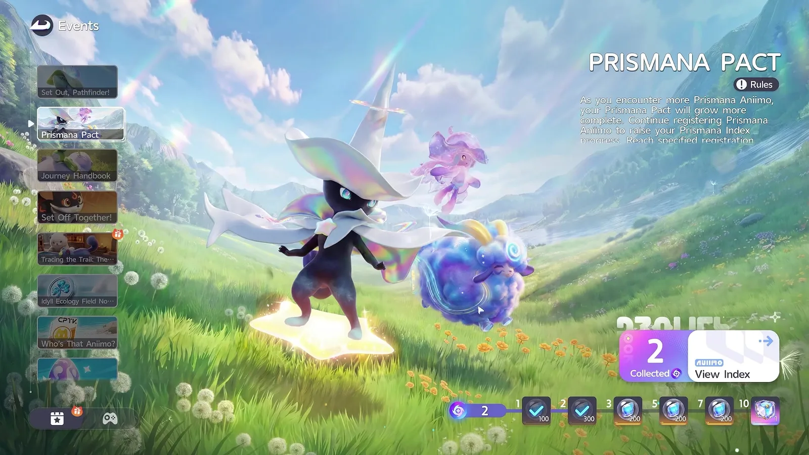 The Aniimo Prismana Pact event screen with a black and white Prismana Aniimo on a glowing platform, a counter reading 2 Collected, a View Index button, and a reward track marked 1, 2, 3, 5, 7 and 10