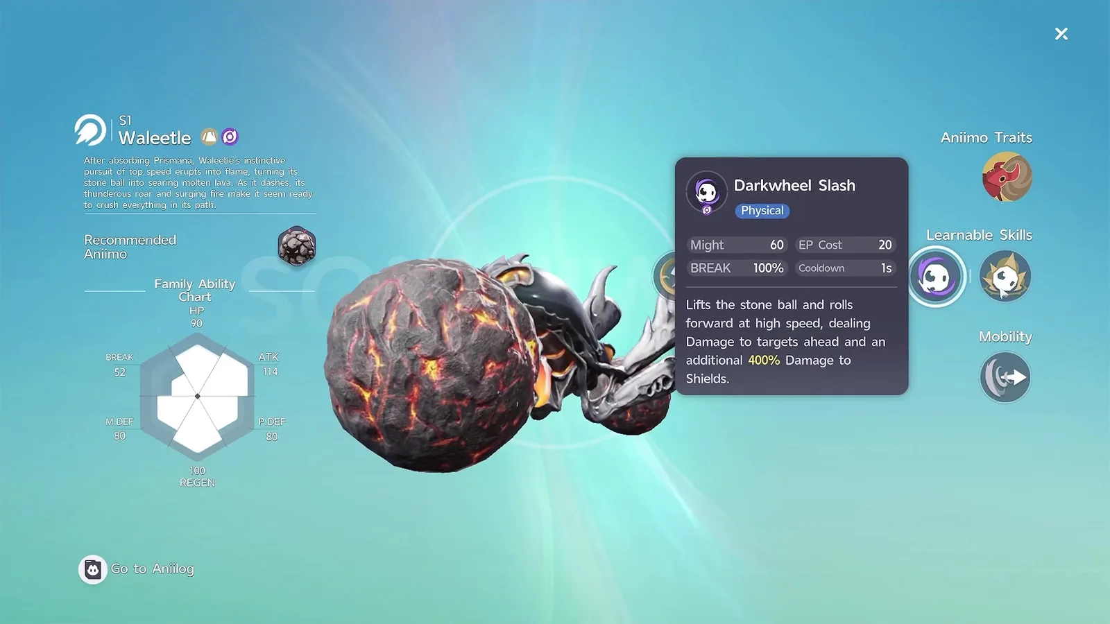 The Aniimo detail sheet for Prismana Waleetle with the Darkwheel Slash tooltip open, reading Physical, Might 60, EP Cost 20, BREAK 100 per cent and an additional 400 per cent damage to Shields