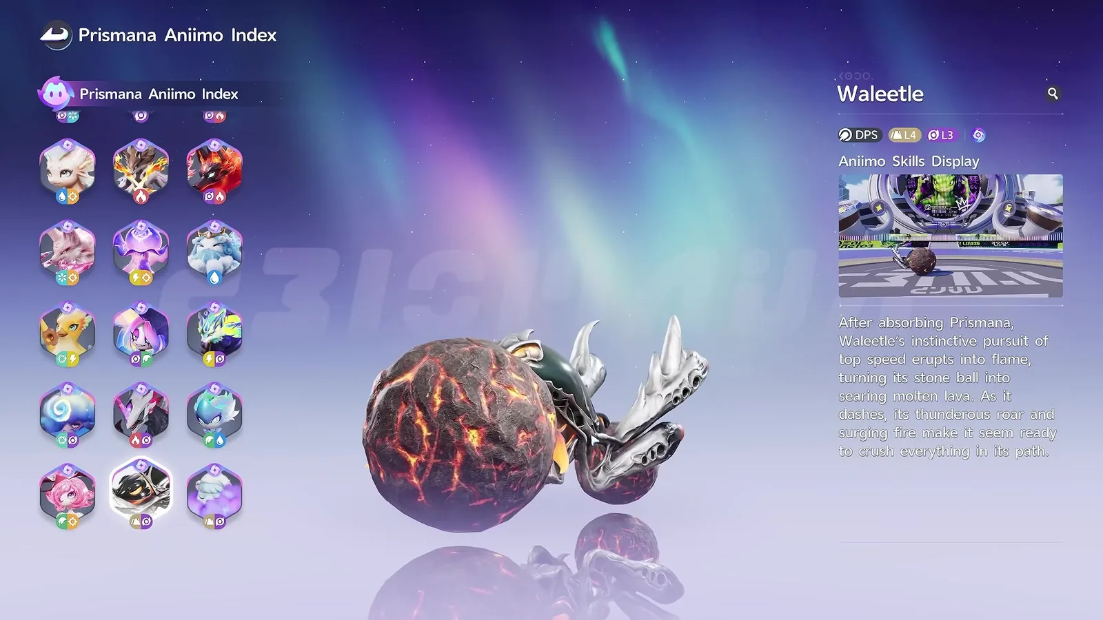 Prismana Waleetle in the Aniimo Prismana Index, a silver beetle machine pushing a cracked molten lava ball, tagged DPS with Earth level 4 and Dark level 3