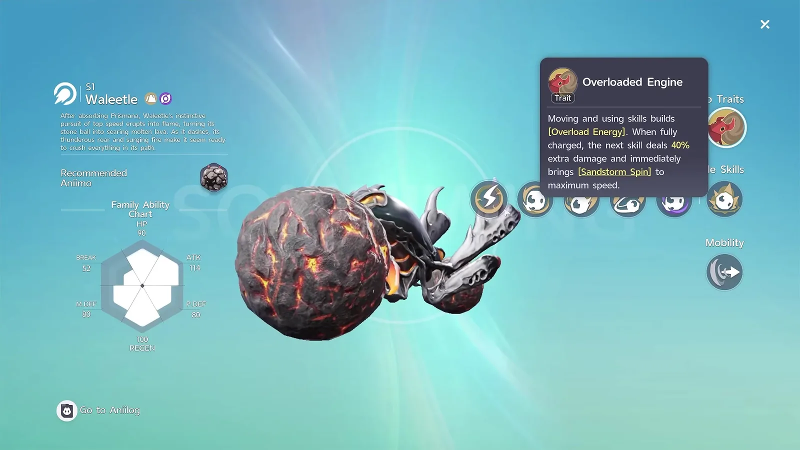 The Aniimo detail sheet for Prismana Waleetle with the Overloaded Engine trait tooltip open, describing Overload Energy that adds 40 per cent damage and brings Sandstorm Spin to maximum speed