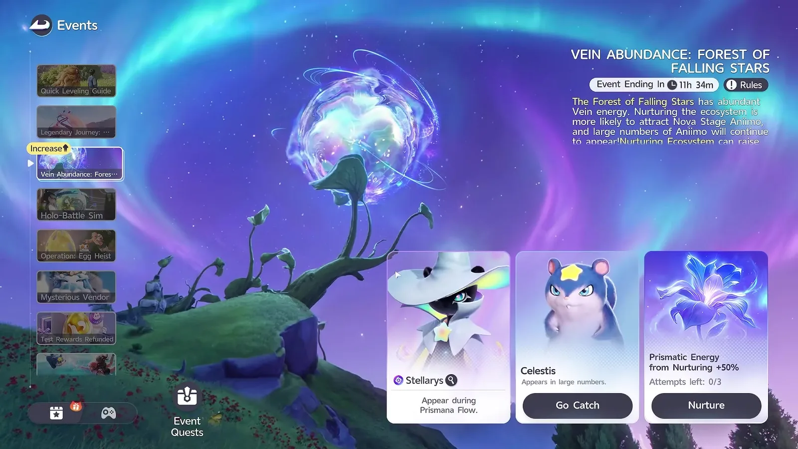 The Aniimo Events panel headed Vein Abundance Forest of Falling Stars, with cards for Stellarys, Celestis and Prismatic Energy from Nurturing plus 50 per cent at attempts left 0 of 3