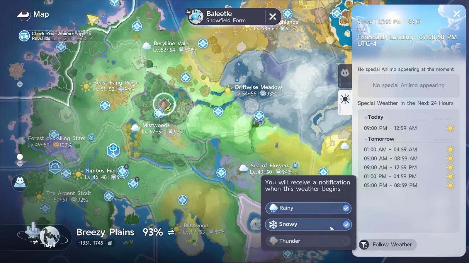 Aniimo Follow Weather popup reading You will receive a notification when this weather begins, with Rainy and Snowy ticked and Thunder unticked