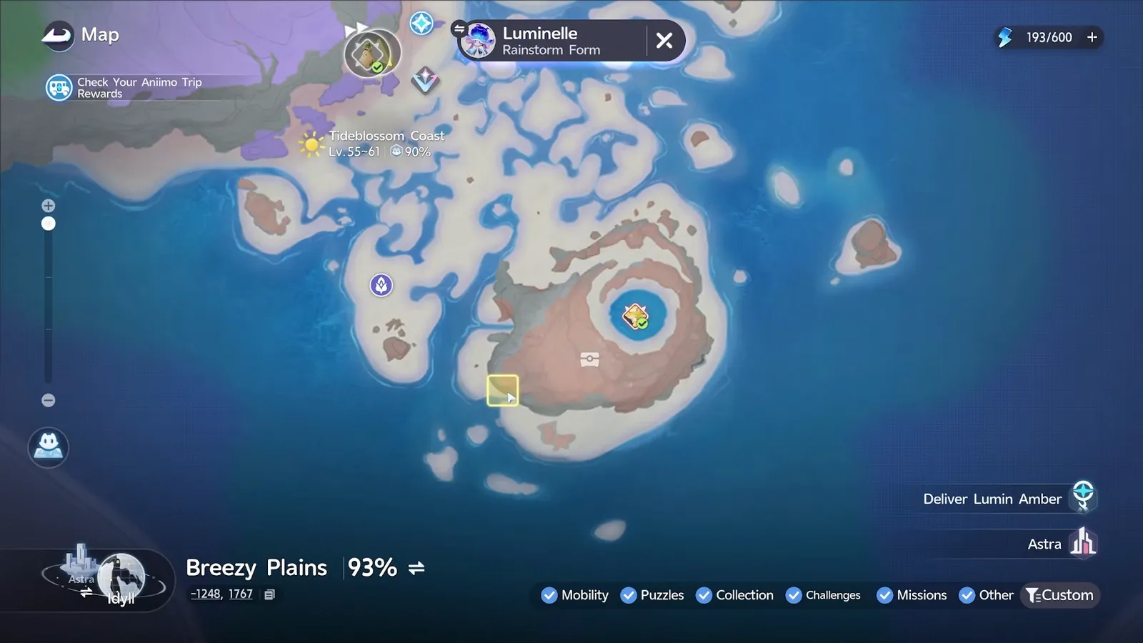 Rainstorm Luminelle habitat square on the south-west shore of the crater island in Tideblossom Coast on the Aniimo map