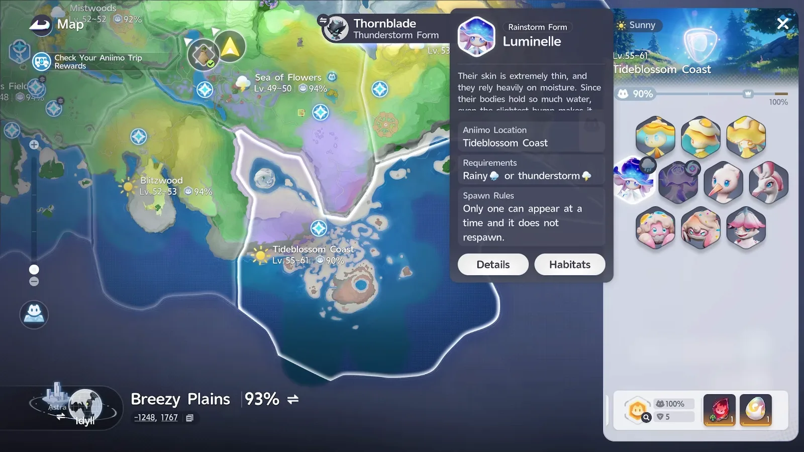 Rainstorm Form Luminelle card on the Aniimo map: Tideblossom Coast, Requirements Rainy or thunderstorm, only one can appear at a time