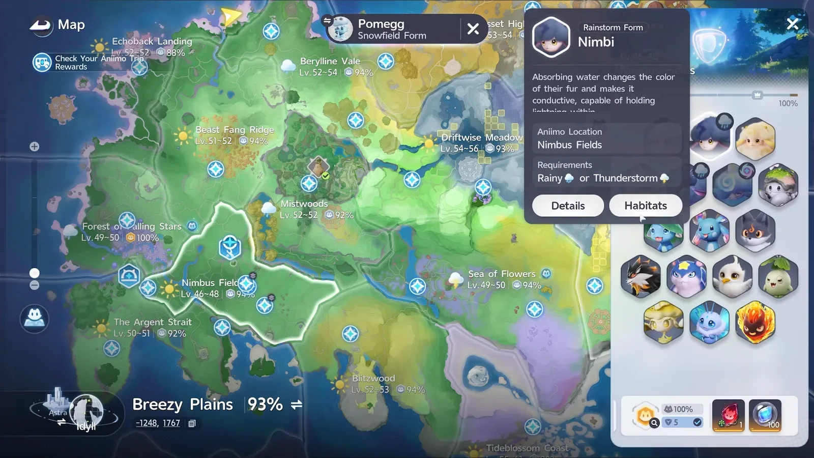 Rainstorm Form Nimbi card on the Aniimo map: Nimbus Fields, Requirements Rainy or Thunderstorm, with Nimbus Fields outlined, Lv.46~48