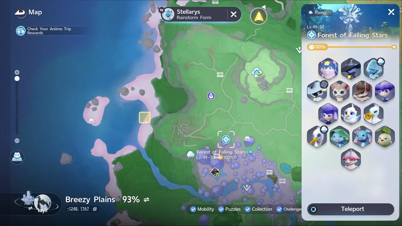 Rainstorm Stellarys habitat square on the west beach of the Forest of Falling Stars on the Aniimo map, with the region panel reading Rainy, Lv.49~50