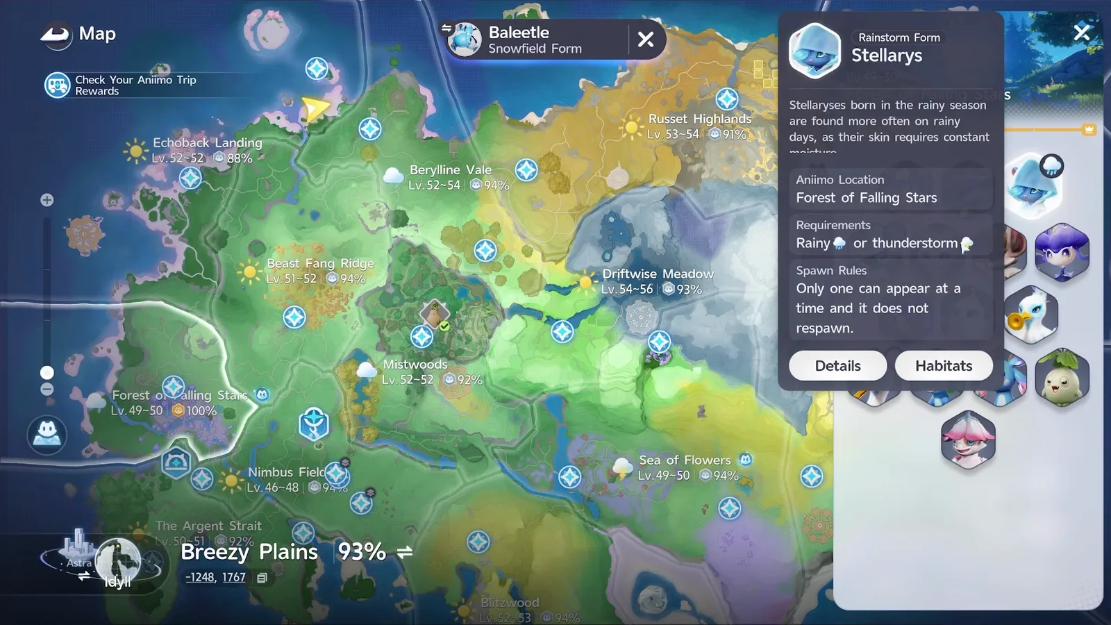 Rainstorm Form Stellarys card on the Aniimo map: Forest of Falling Stars, Requirements Rainy or thunderstorm, Only one can appear at a time and it does not respawn