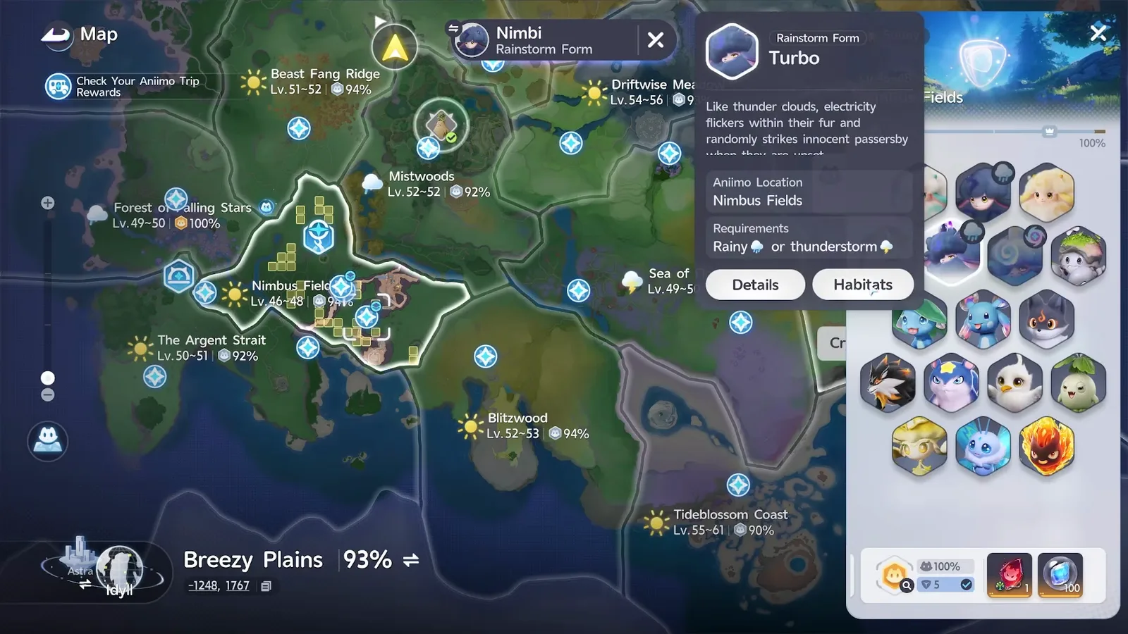 Rainstorm Form Turbo card on the Aniimo map: Nimbus Fields, Requirements Rainy or thunderstorm, with Nimbi habitat squares scattered across the region