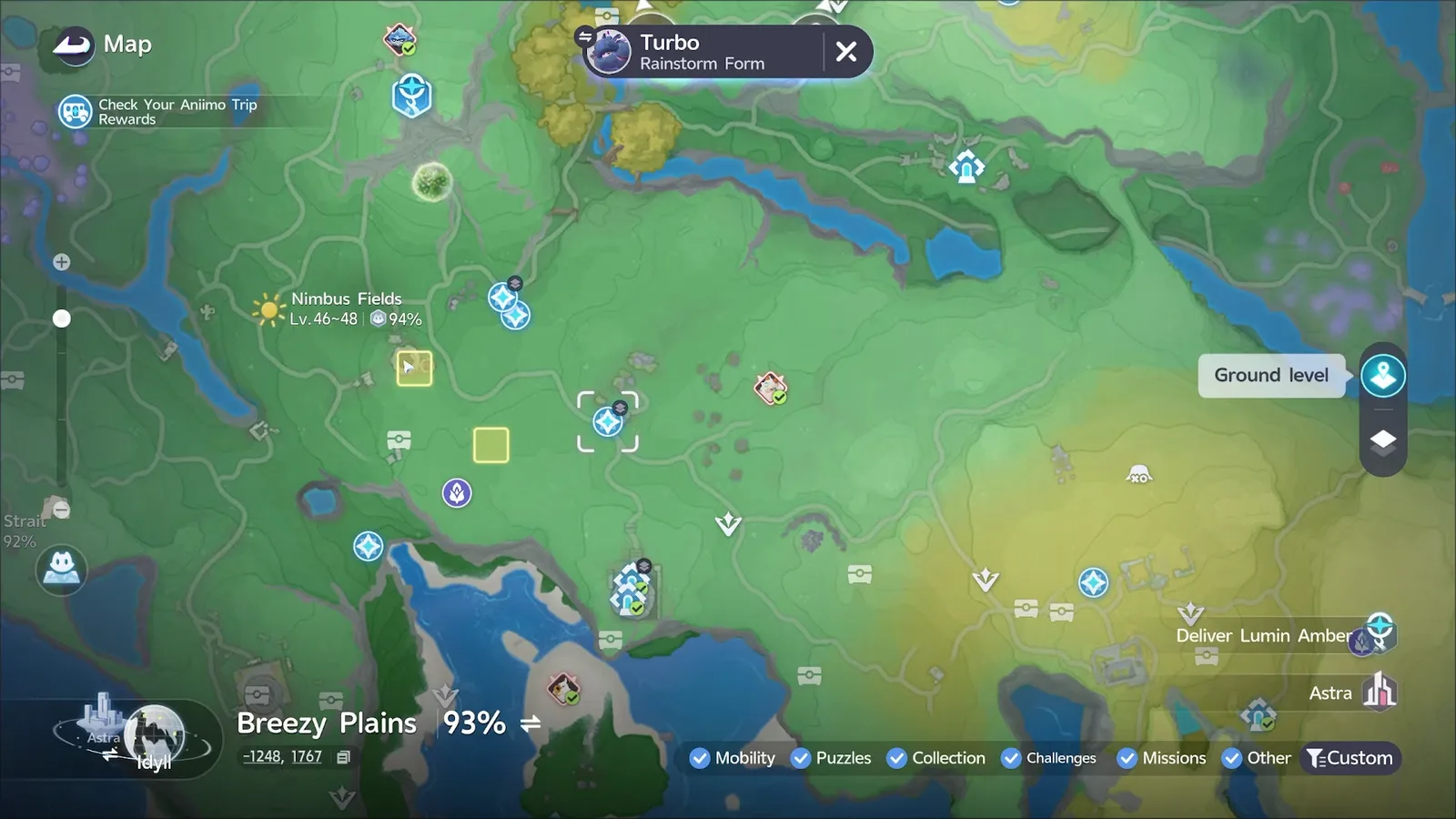 Rainstorm Turbo’s two habitat squares in Nimbus Fields on the Aniimo map, south of the Nimbus Fields label, Lv.46~48