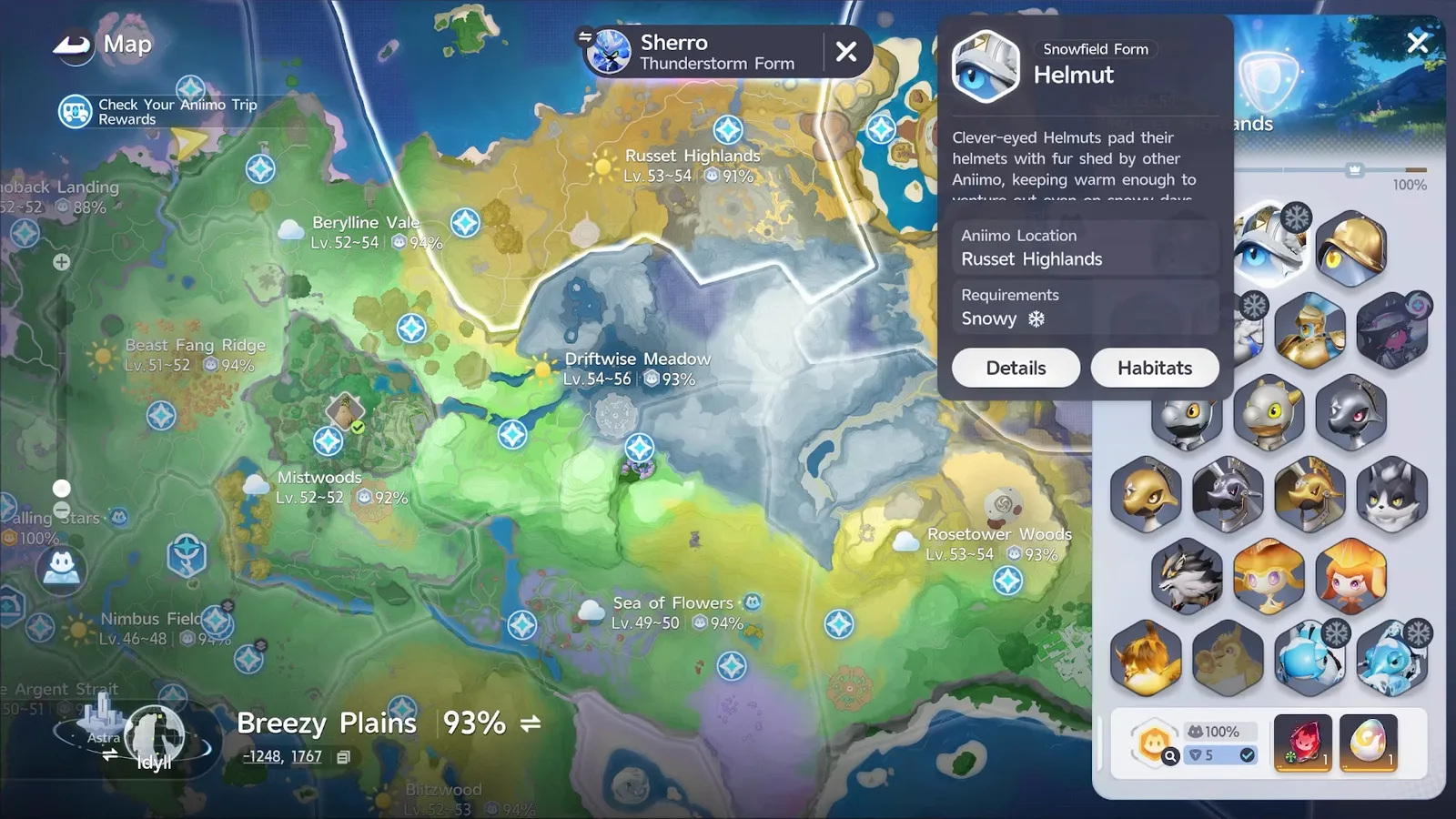 Snowfield Form Helmut card on the Aniimo map: Russet Highlands, Requirements Snowy, with four snowflake-badged tiles in the Russet Highlands roster