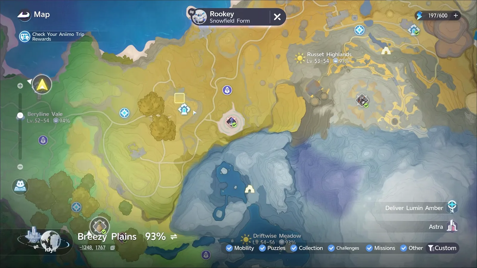 Snowfield Rookey habitat square in western Russet Highlands on the Aniimo map, just above a fast travel point, Lv.53~54